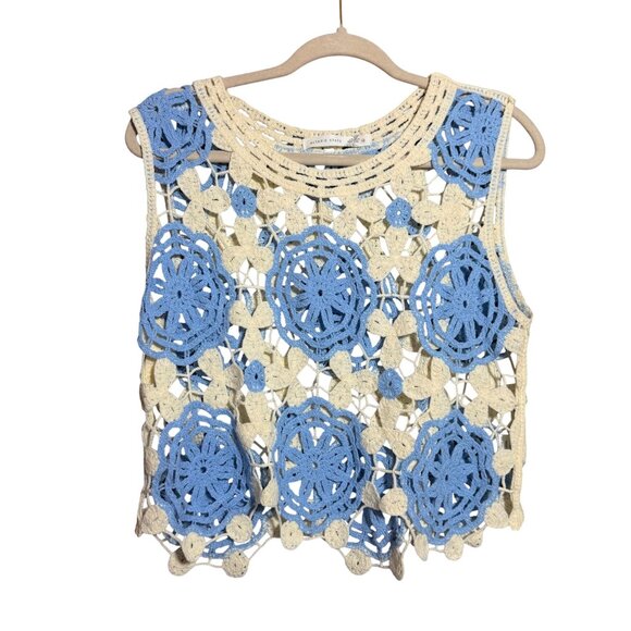 Altar'd State Crochet Lace Knit Sleeveless Vest Women's Size Medium Blue Cream - Picture 1 of 6